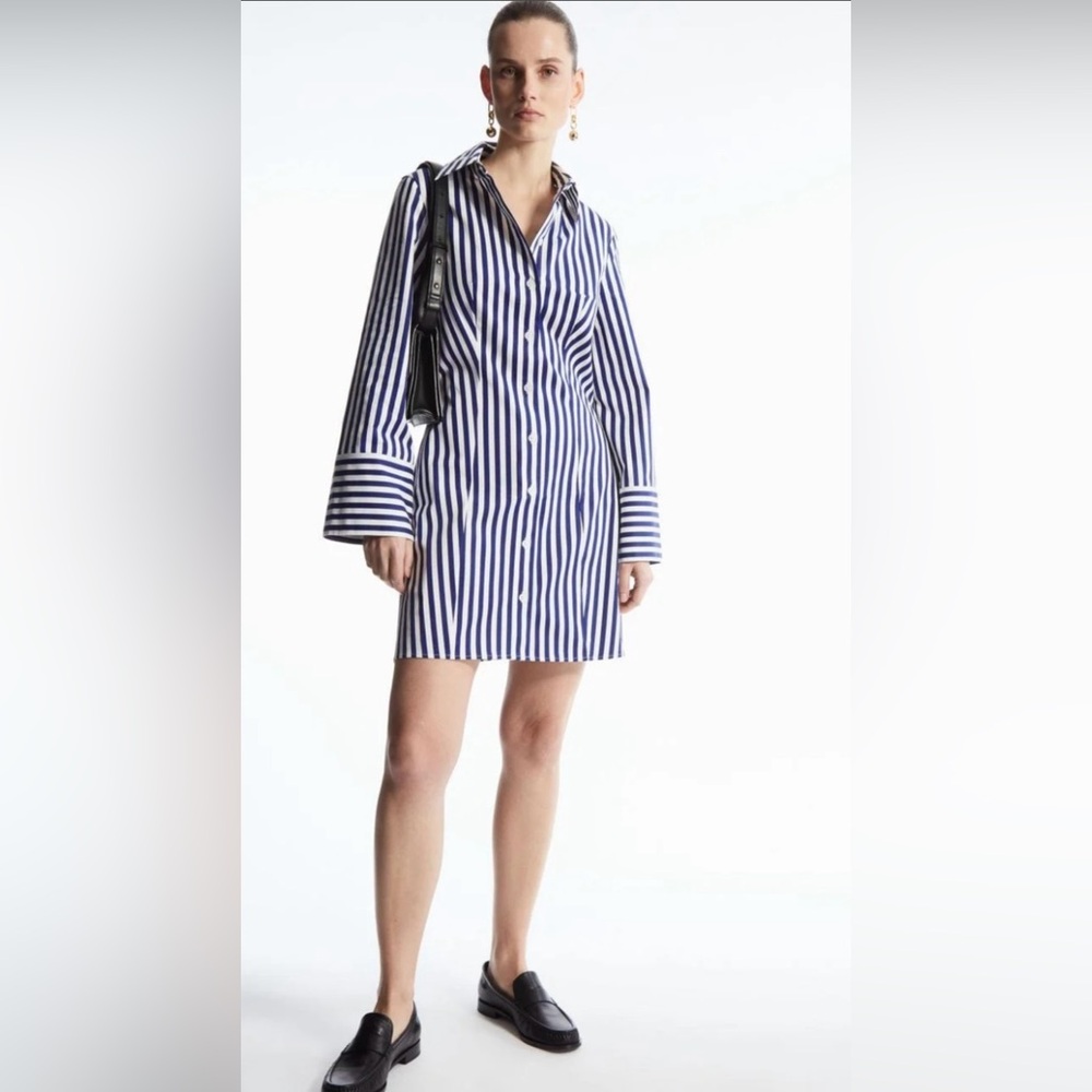 COS Blue Striped Waisted Mini Shirt Dress, Size 6, New With Tags